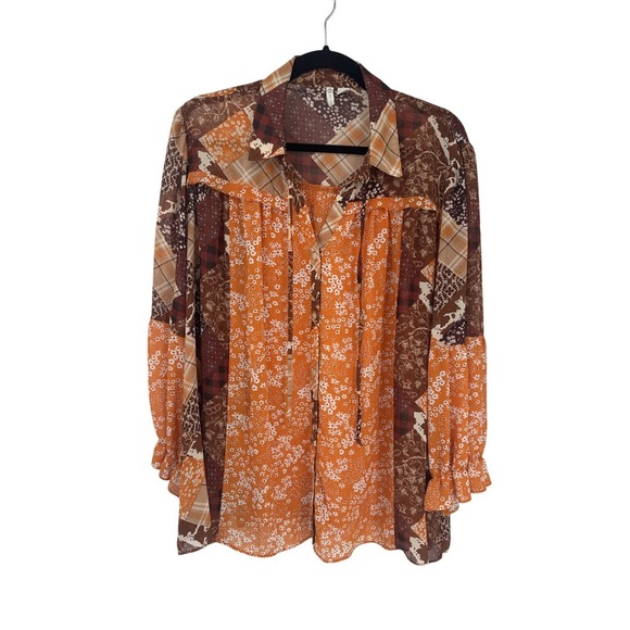 Cato Sheer Button Front Western Top Womens Plus 18/20W Orange Brown Holiday Fall - Picture 1 of 16